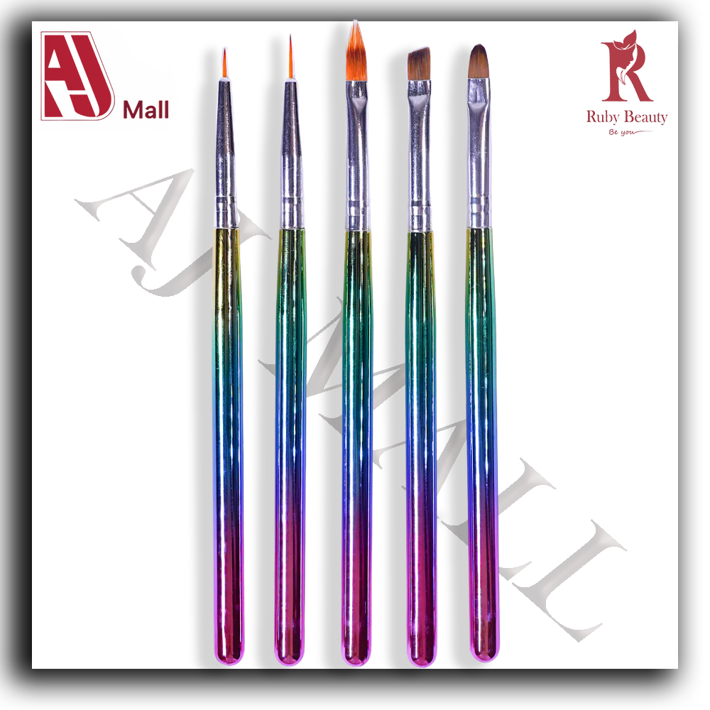 Set de Pinceaux Nail Art Professionnels Ruby Beauty – 5 Pièces Arc-en-Ciel