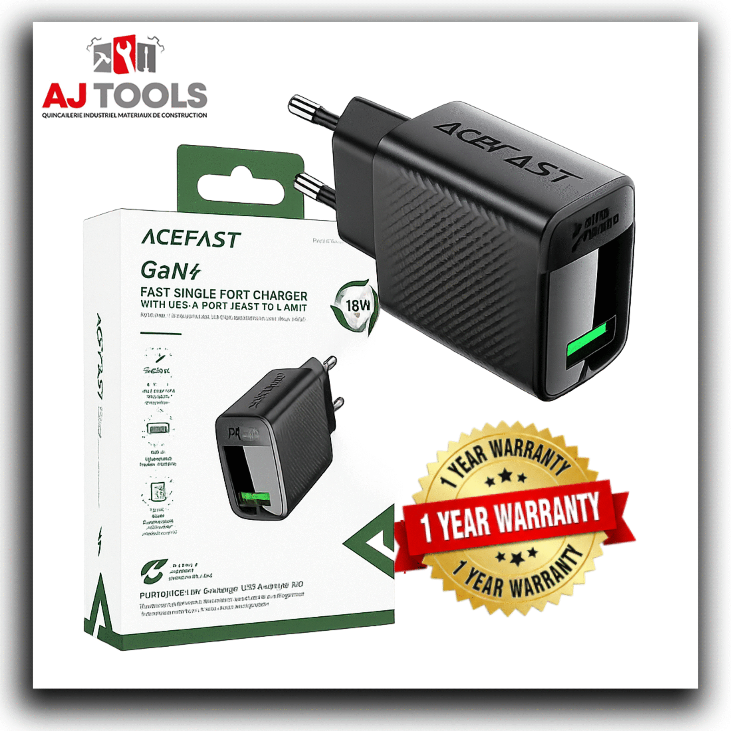 chargeur a90 qc 18w gan à port usb a unique – noir