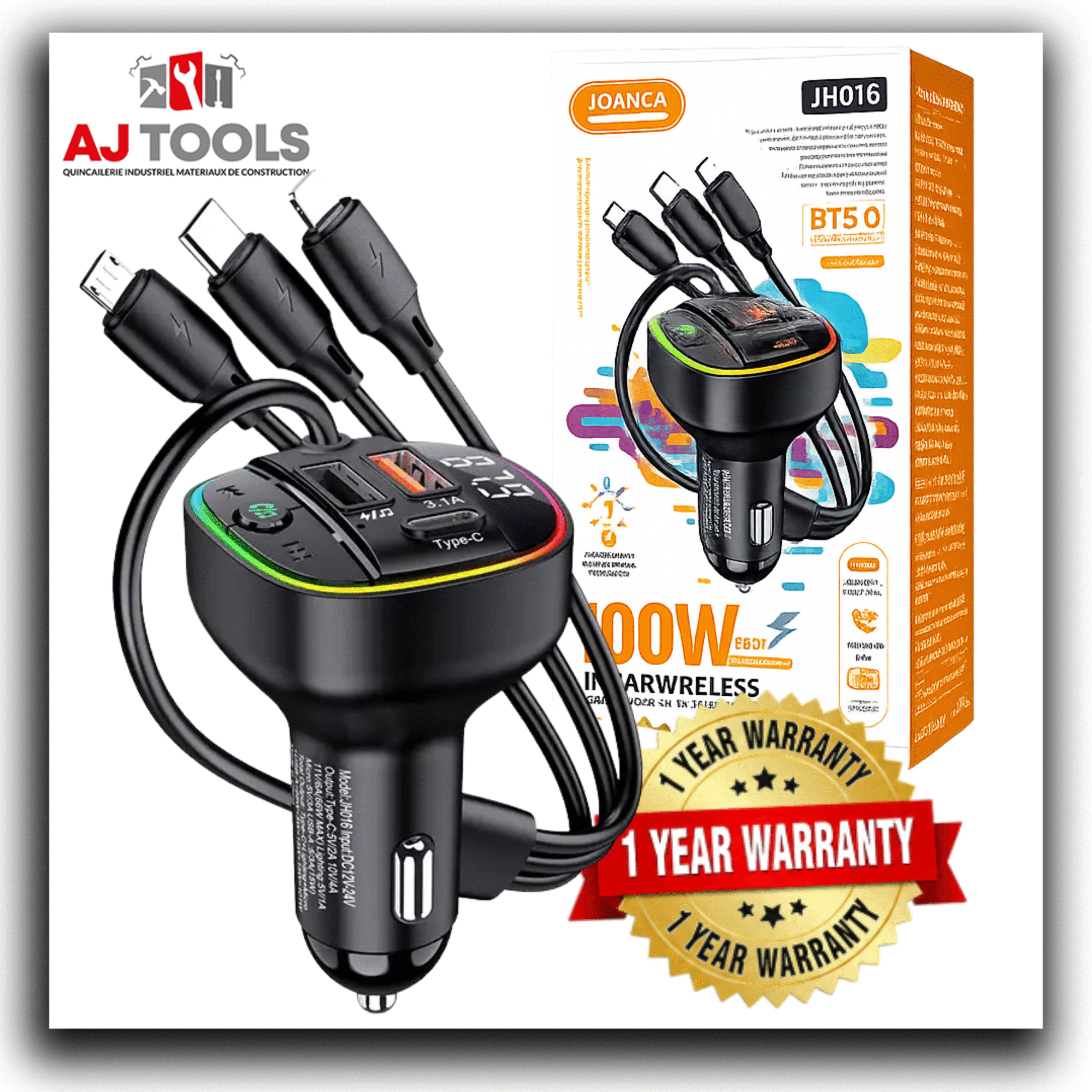 Émetteur fm bluetooth pour voiture nanyang jh016 pd100w (câble 3 en 1) noir